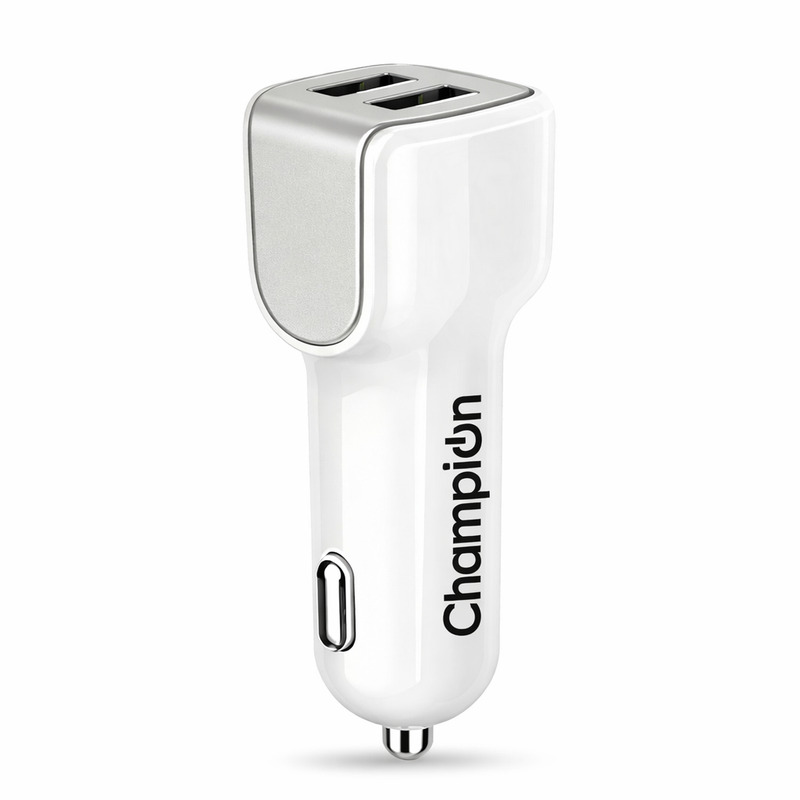 Champion dual USB car charger with white compact design for fast mobile charging