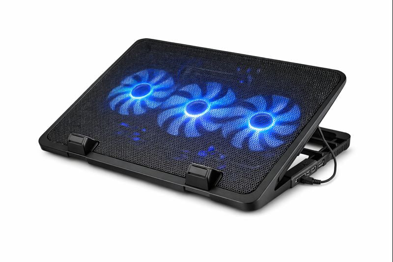 Laptop cooling pad with LED fans and adjustable stand for heat dissipation