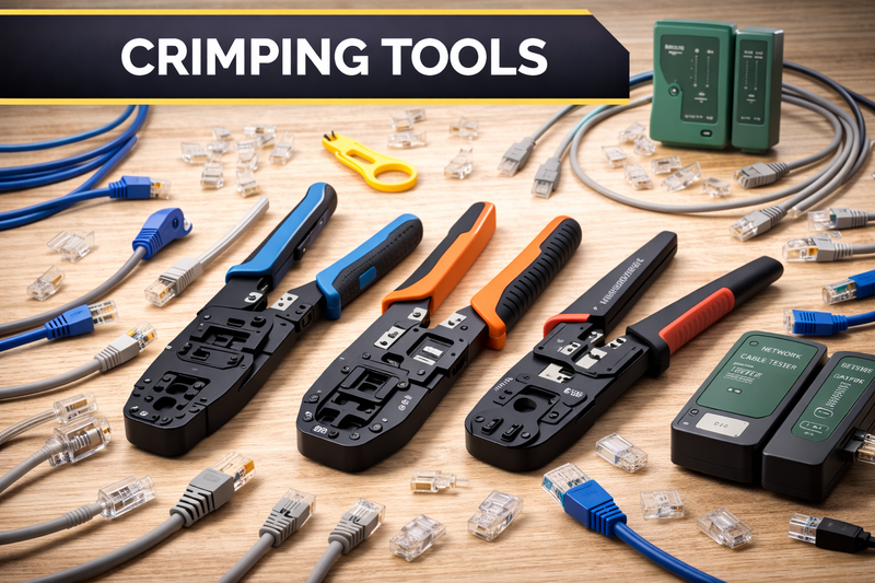 Crimping tools for network cables including RJ45 crimpers, cable testers and connectors