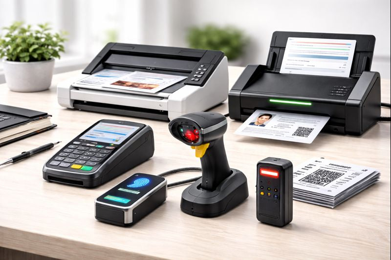 Biometric scanners, barcode scanners and document scanners for office, retail and identity verification