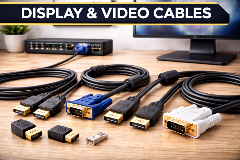 Display and video cables including HDMI, VGA, DisplayPort and DVI cables for monitors and TVs