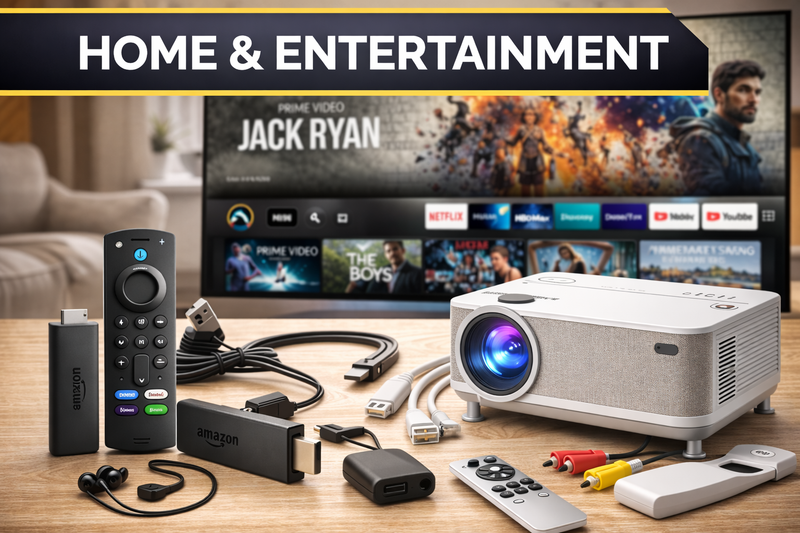 Home and entertainment devices including Fire TV Stick, projector and media accessories for streaming