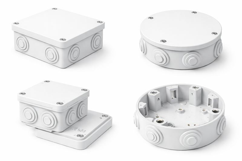 electrical junction boxes in square and round designs, featuring screw-fixed lids and multiple cable entry knockouts, including weatherproof and open-box views, displayed on a clean white background.
