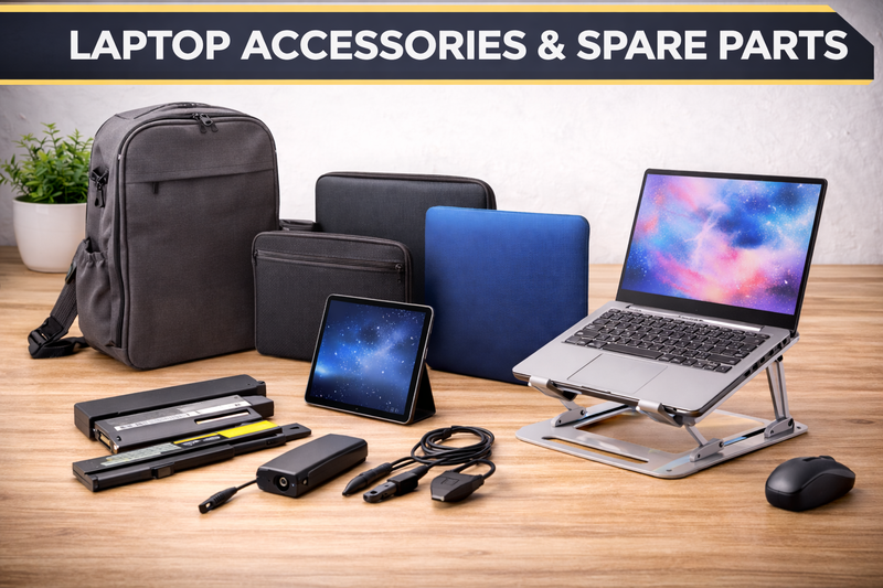 Laptop accessories and spare parts including laptop battery, power adapter, laptop stand, bags, cases and tablet