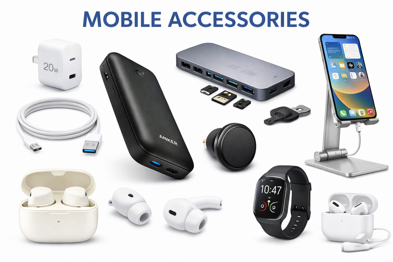 Mobile phone accessories such as fast chargers, power banks, USB hubs, earbuds and phone stands