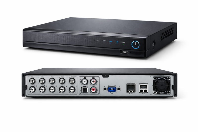 NVR and DVR security surveillance system with multiple video channels, compact metal housing, front LED indicators, and rear ports for CCTV cameras, hard drive storage, and network connectivity