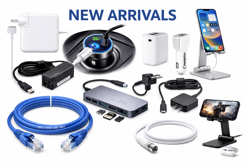 New arrivals electronics accessories such as laptop chargers, car chargers, USB hubs, patch cords and mobile stands