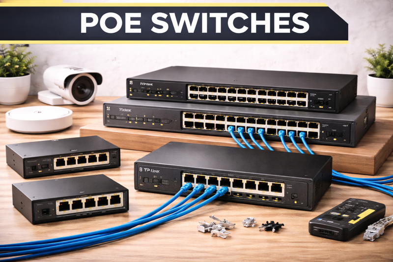 PoE network switches with multiple Ethernet ports for powering CCTV cameras and IP devices
