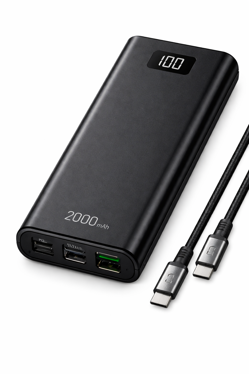 PD power bank with USB-C Power Delivery, LED battery display, 20000mAh capacity and USB-C to USB-C cable on white background