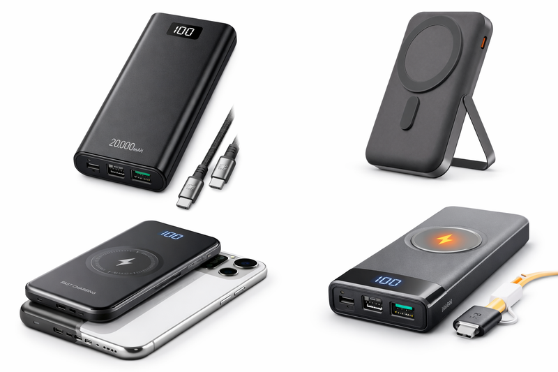 Different types of power banks including PD fast charging power bank, wireless magnetic power bank, MagSafe power bank with stand and standard portable power bank on white background