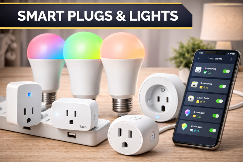 Smart plugs and smart LED lights with mobile app control for home automation