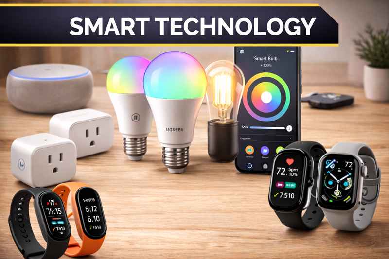 Smart technology devices including smart plugs, smart LED lights, fitness bands and smartwatches