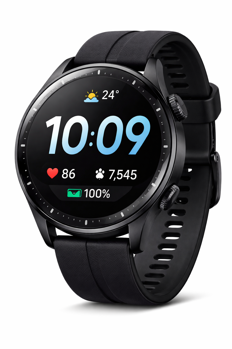smartwatch with AMOLED display, fitness tracking, heart rate monitor, step counter and silicone strap on white background