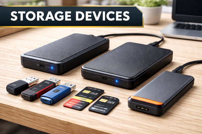 Storage devices including external hard drives, portable SSDs, USB flash drives and memory cards