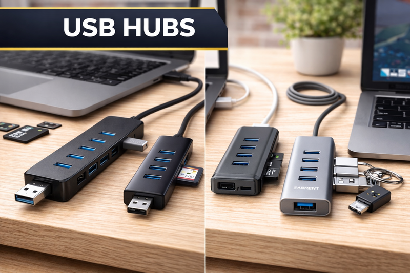 USB hubs for expanding USB ports on laptops and PCs