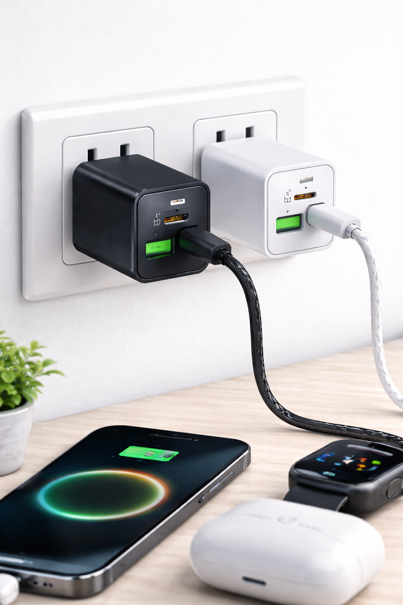 Fast charging wall adapter with USB-C Power Delivery and USB-A port for mobile devices