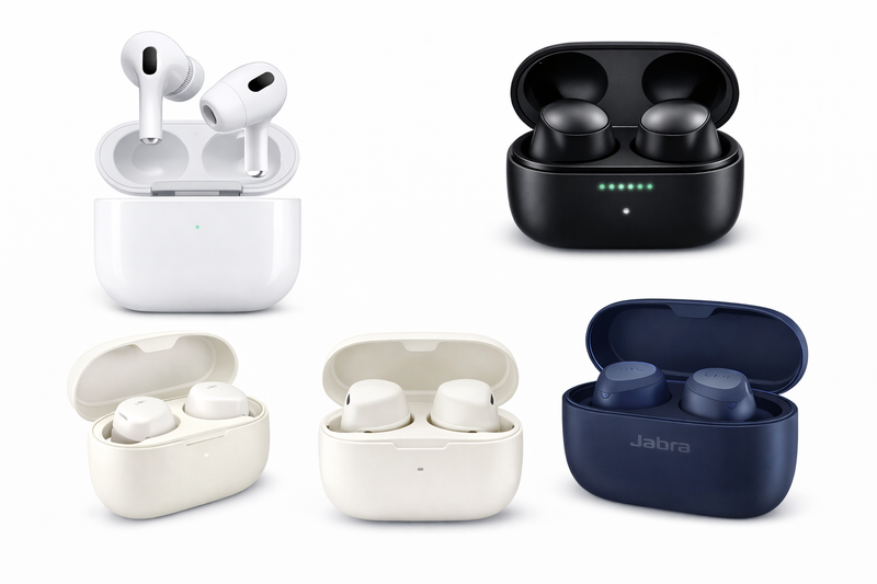 True wireless earbuds with compact charging cases for smartphones and Bluetooth devices