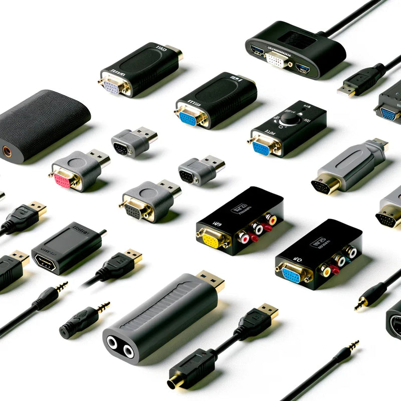 All types of electronic connectors and converters including HDMI, VGA, DVI, USB Type-C, audio, power and networking adapters displayed together