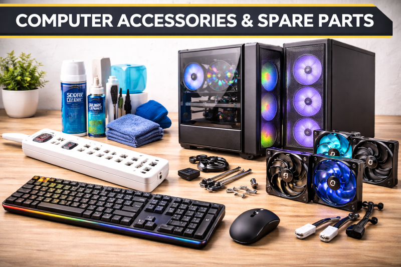 Computer accessories and spare parts including keyboard and mouse, cleaning kit, CPU and cabinet fans, extension board and PC cabinets