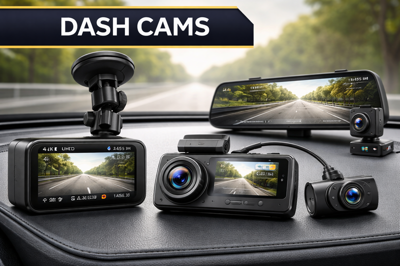 Car dash cameras mounted on dashboard showing road recording with wide-angle lens
