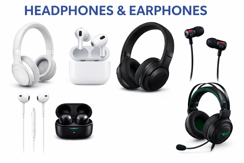 Wireless headphones, true wireless earbuds and wired earphones for music, calls and gaming
