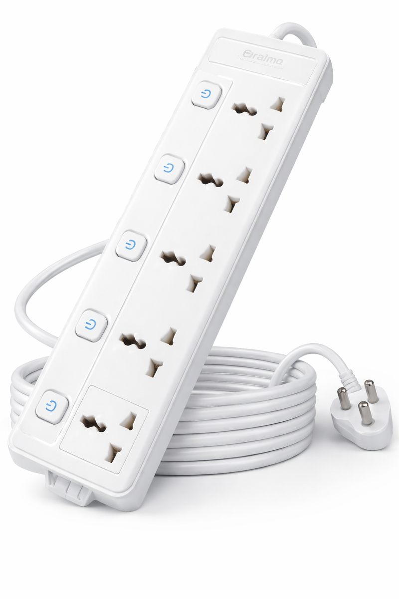 White 6-socket extension power strip with individual on/off switches, universal plug points, long coiled power cable, and 3-pin plug, shown on a clean white background