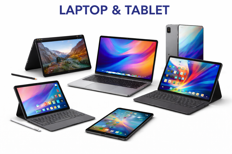 Laptops and tablets in different designs including convertible laptops and touchscreen tablets