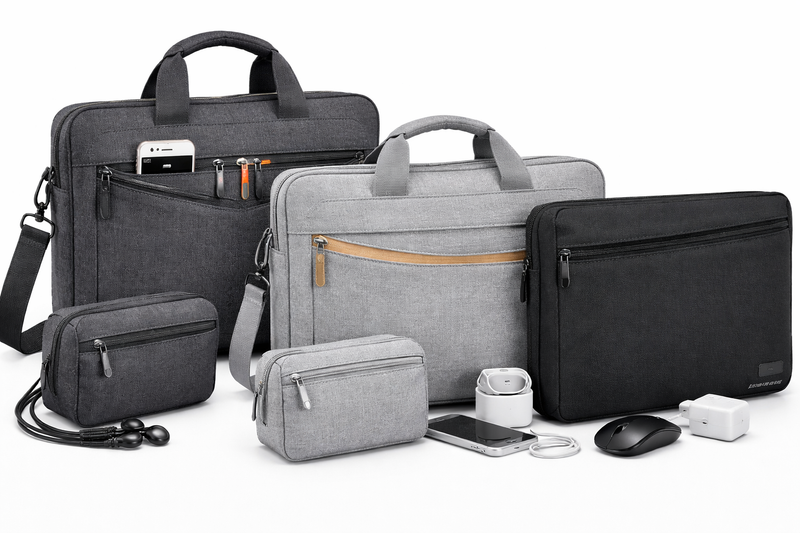 Laptop bags and cases collection including laptop sleeves, messenger bags and carrying cases in grey and black colors on white background