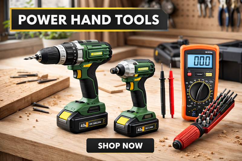 Power hand tools including electric drill machine, digital multimeter and screwdriver set on workbench