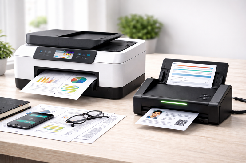 Printer and scanner devices including an all-in-one printer and portable document scanner