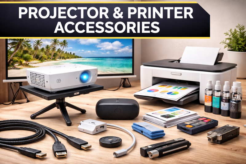 Projector accessories and printer setup with projector screen, HDMI cables, printer ink and peripherals