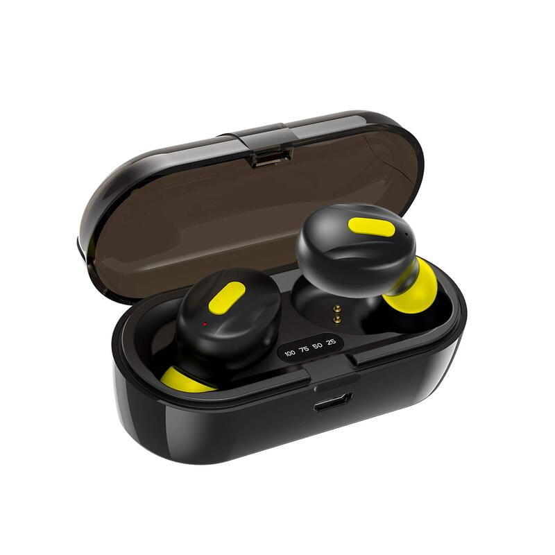WeCool Moonwalk Mini Earbuds with Magnetic Charging Case, 30 Hours Playtime (Black and Yellow)