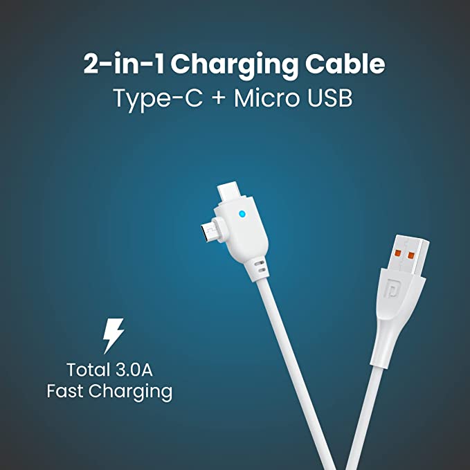 Portronics Konnect Spydr 2 Multi-Functional Charging Cable (Type C + Micro USB) 3.0 A Output (White)