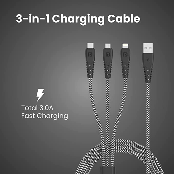 Portronics Konnect Spydr 31 3-in-1 Multi Functional with 3.0A Output Tangle Resistant, 1.2M Nylon Braided