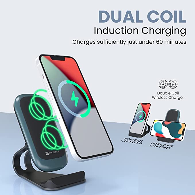 Portronics Freedom 15 Desktop Wireless Charger with 15W, Double Coil, Non-Slip, Optional Charging Angle for Cellular Phones