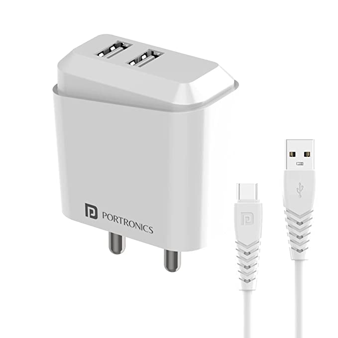 Portronics Adapto 42 2.4A 12w Dual USB Output Port ,Comes with 1M Type C Charging Cable, USB Wall Charger Adapter