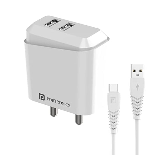 Portronics Adapto 42 2.4A 12w Dual USB Output Port ,Comes with 1M Type C Charging Cable, USB Wall Charger Adapter
