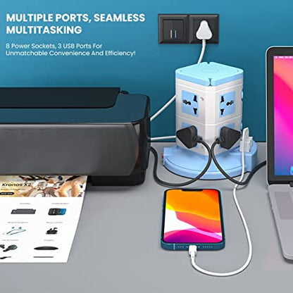 Portronics Power Plate 9 with 3 USB Ports & 8 Power Sockets, 2500W Output, 2.1A USB Charging, 3M Cord (Blue)