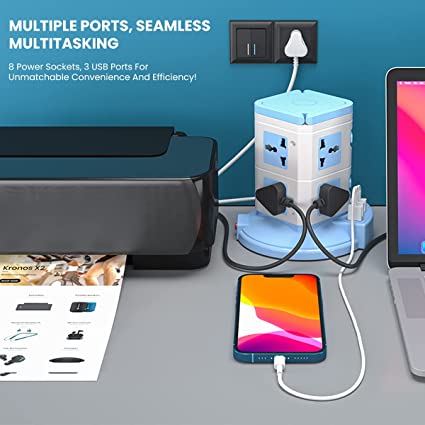 Portronics Power Plate 9 with 3 USB Ports & 8 Power Sockets, 2500W Output, 2.1A USB Charging, 3M Cord (Blue)