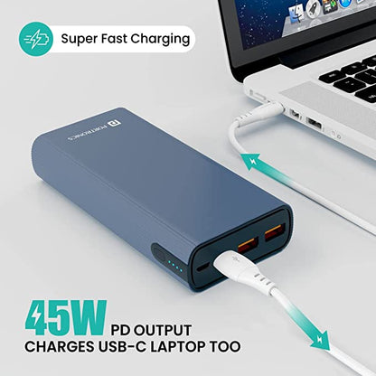 Portronics Power 45 20000mAh Power Bank for Laptop/Mobile with 45W Fast Charging, Dual Input(Type C + Micro USB) & Triple Output
