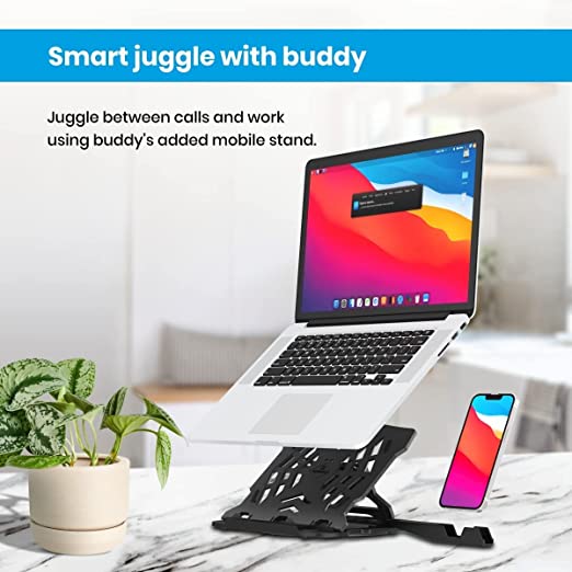 Portronics My Buddy Hexa 22 Adjustable Laptop Stand with Mobile Holder Ventilated Portable Foldable Compatible for 39.62cm (15.6 inch) Laptops (Black)