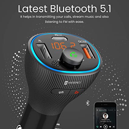 Portronics Auto 15 Bluetooth - FM Transmitter In-Car Fast Charger (PD 20W+QC3.0) (Black)