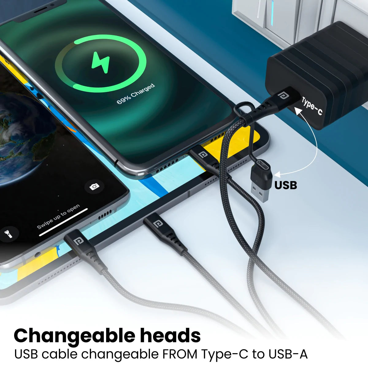 Portronics Type C 3 A 1.5 m Konnect J9 3-in-1 (Type C + 8Pin + Micro USB) Compatible with Smartphones, Laptop