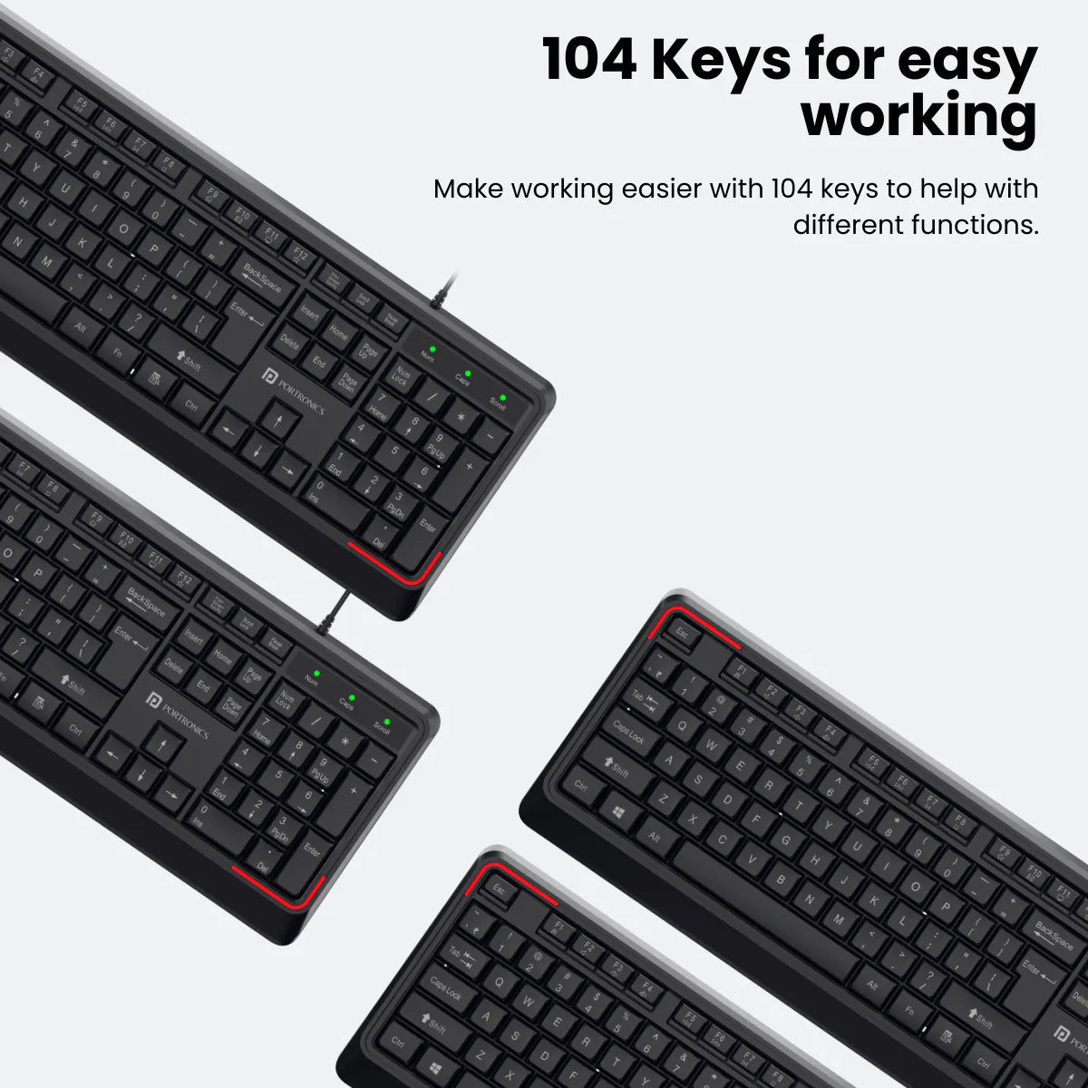 Portronics KI-PAD Wired Keyboard with Gaming Mode, 104 Keys, 1.5M Cable, Ergonomic Keys, Plug & Play (Black)