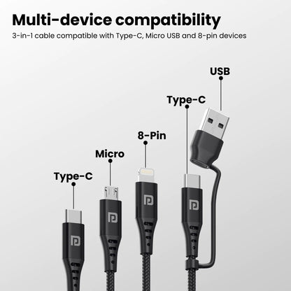 Portronics Type C 3 A 1.5 m Konnect J9 3-in-1 (Type C + 8Pin + Micro USB) Compatible with Smartphones, Laptop