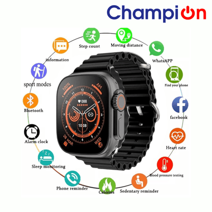 Champion T10 Ultra Bluetooth Calling Series 8 7.36cm (2.9 inch) Big Display 49mm with All Sports Features & Health Tracker, Unisex Smart Watch (Black)
