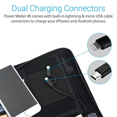 Portronics Power Wallet 4k POR-838 Passport Holder with in-Built 4, 000 mAh Power Bank and Built-in Lightning, Micro USB Cables Connectors