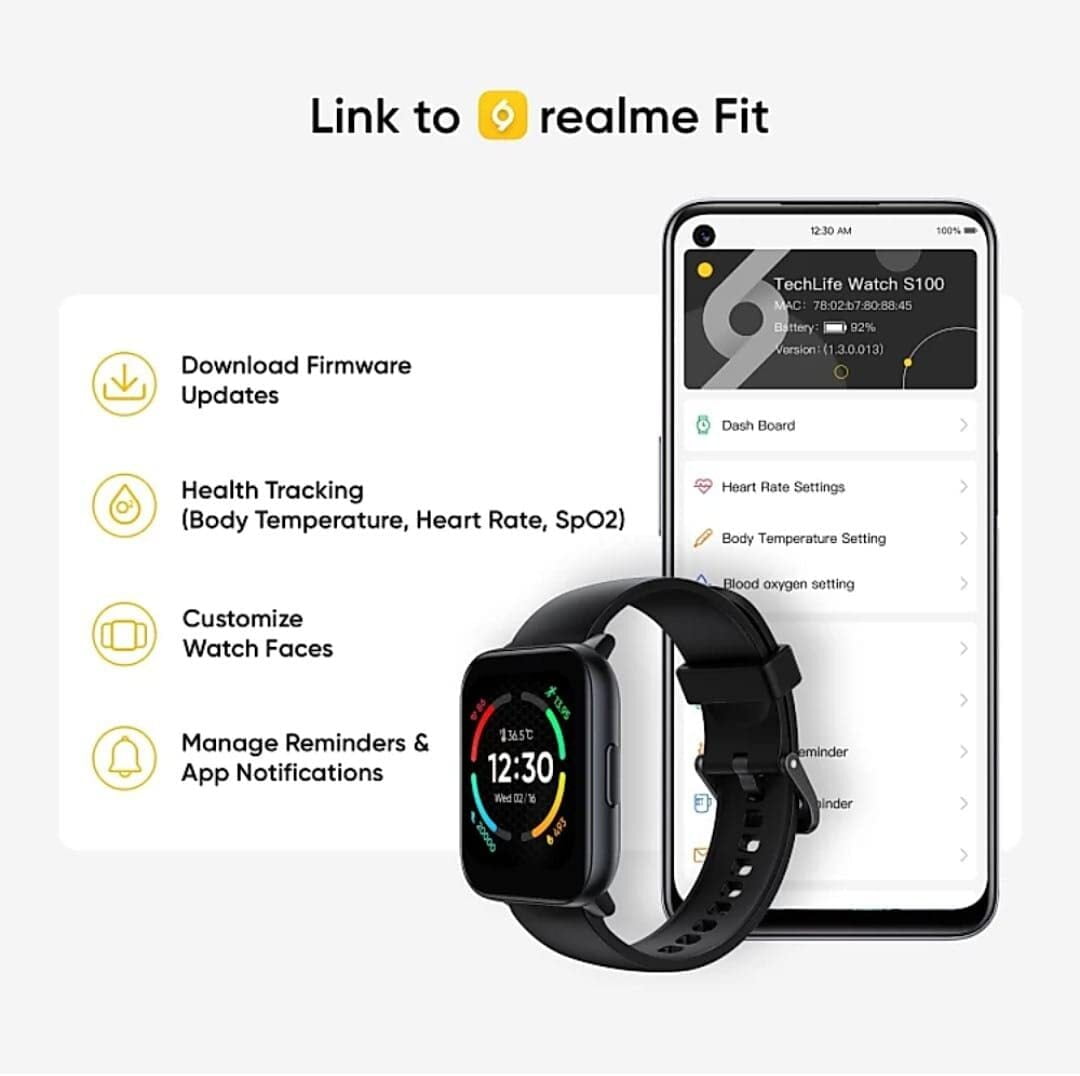 realme TechLife Watch S100 1.69 HD Display with Temperature Sensor Smartwatch (Black)