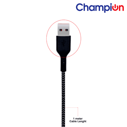 Champion USB-A to Type-C 2.4A Fast Charging Cable Braided ,Compatible with Android Phones/Tablets (Black)