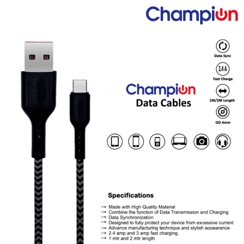 Champion USB-A to Type-C 2.4A Fast Charging Cable Braided ,Compatible with Android Phones/Tablets (Black)